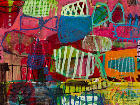 Bright abstract painting with white-striped green shapes, a blue block, an orange panel and turquoise outlines on red and pink, with a yellow-green band below showing black lines and blue strokes.