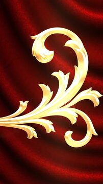 Ornate gold scrollwork flourish centered on a deep red velvet curtain background