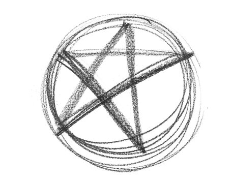 Hand drawn black chalk pentagram star in circle symbol isolated on white background