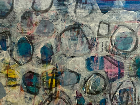 Abstract painting with grey and white translucent layers, charcoal hexagonal rings enclosing teal and blue shapes, and accents of pink, yellow and purple.