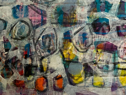 Abstract painting with white-grey veils over teal, purple, pink, orange and yellow polygons, with charcoal rings and horizontal dark bars creating a layered, hazy depth.