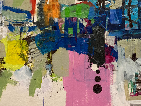 Abstract mixed media collage with a tall pink stripe marked by three black dots, surrounded by blue and green paint, a yellow patch, a black textured block, collaged paper and a downward arrow.