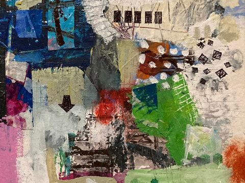 Textured abstract mixed media painting with torn blue paper, scratched cream and grey layers, black rectangles and arrows, and bold patches of green, red and pink.