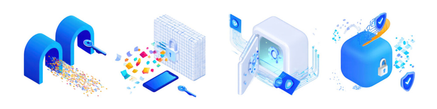 Isometric 3D cybersecurity icons set with digital lock and network