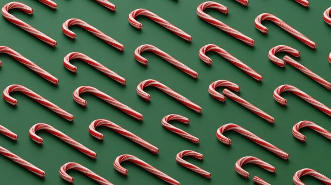 Red and white striped candy canes arranged in a pattern on a green background