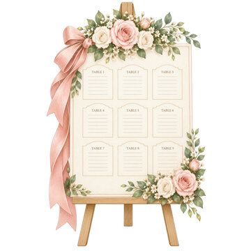 Elegant Wedding Table Seating Chart with Soft Pink Roses and Bow