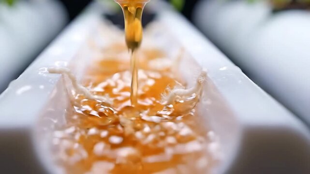 Honey Pouring From a Spout Into a Glass, Creating a Splash and Dripping Motion. Slow Motion Liquid Cascade with Golden Hues.