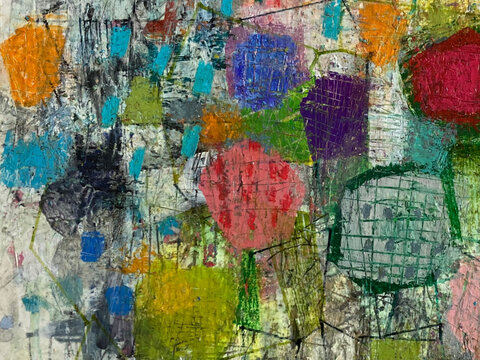 Abstract painting with many scratched polygon shapes in orange, coral, purple, blue, red and lime green, linked by fine olive lines over a turquoise-flecked textured background.