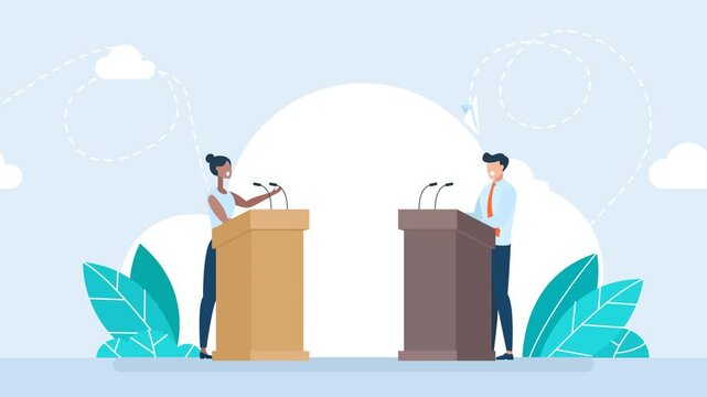 African-american man speaker talking behind tribunes with mic. Woman speaker talking behind tribunes with mic. Political debates, conference presentation, public speaking speech. 2d flat animation