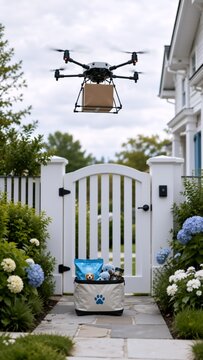 A drone is flying above a white gate, delivering a brown package to a pet supply bag outside a house surrounded by green plants and flowers.