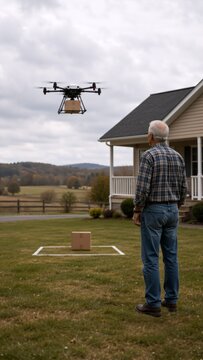 An elderly man controls a drone carrying a package as it prepares to land on a marked spot in the lawn outside a rural house on a cloudy day.