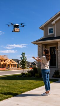 A woman stands outside her home in a suburban neighborhood as she receives a package delivered by a drone on a clear sunny day.