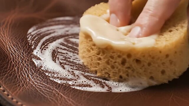 Leather Being Cleaned with a Sponge and Polish, Showing a Gradual Application and Swirling Motion for a Luxurious Finish.