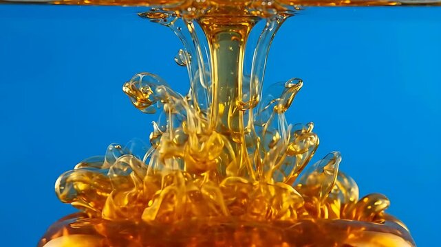 Honey Droplets Falling and Splashing in Slow Motion Against a Vibrant Blue Background. Liquid Motion, Viscous Fluid, and Dynamic Splash Effects.