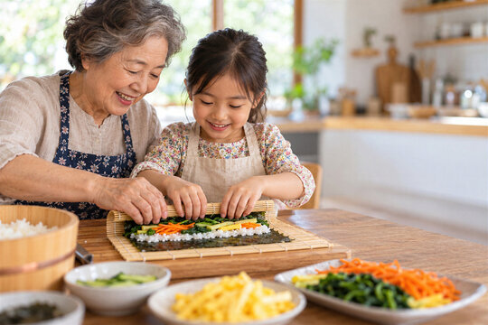 Smiling senior asian grandmother teaching granddaughter to roll kimbap rice rolls at kitchen table, family cooking