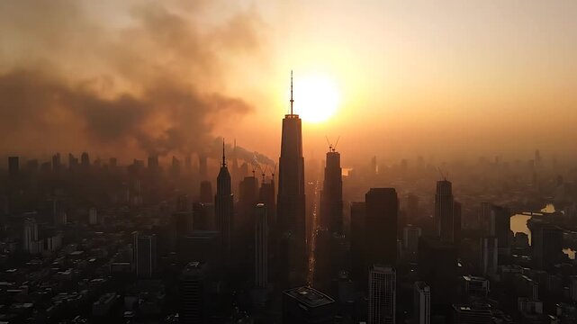 City Skyline Transitioning Through a Vibrant Sunset with Moving Clouds and a Bright Sun. Timelapse Aerial View of Urban Landscape.