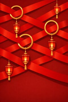 Chinese new year red lanterns with golden rings and crossed ribbon background for lunar new year banner and greeting card design