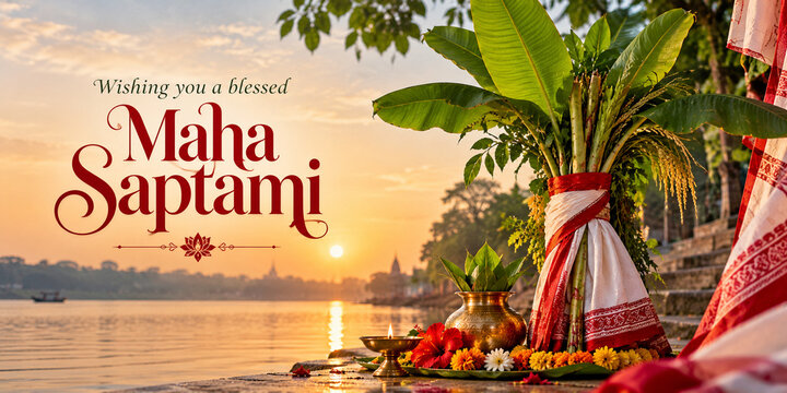 Banana plant ritual vessel at riverbank for maha saptami sunrise with durga puja