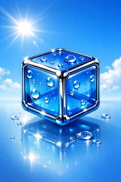 Shiny blue glass cube with water droplets reflecting sky and sun for futuristic background and glossy product wallpaper or tech banner design