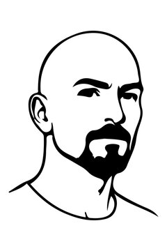 Black and white line art portrait of a bald man with a goatee