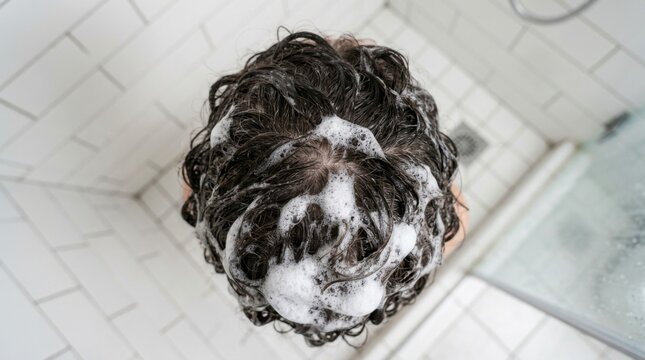 Overhead view of a person's dark, curly hair covered in white shampoo lather during a shower in a tiled bathroom