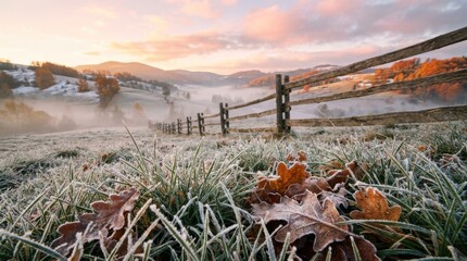 Fototapeta premium Rural landscape with wooden fence and frosty autumn leaves at sunrise, showing a serene misty valley and distant mountains