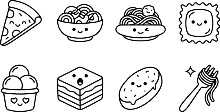 Charming black and white doodle icons of various italian foods and dining items