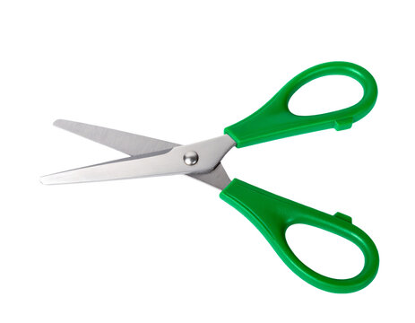 Pair of Scissors with Green Handle - Open scissors on transparent background png - Cutting tool for handcraft, paper, hobby, ribbon - Scissor to Cut isolated white background - Metal Scissors vintage