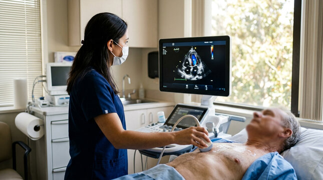 Medical professional conducting an echocardiogram on a male patient in a bright examination room