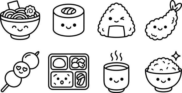 Cute japanese food icons set including ramen sushi onigiri and bento box