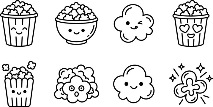 Cute cartoon popcorn icons set in black and white line art style