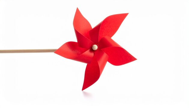 Red paper pinwheel toy on wooden stick isolated on white background