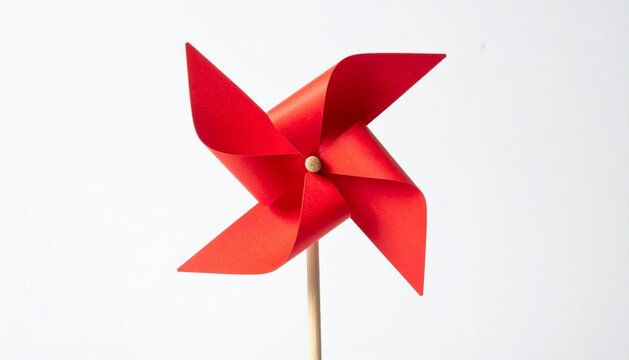 Red paper pinwheel toy on wooden stick isolated on white background