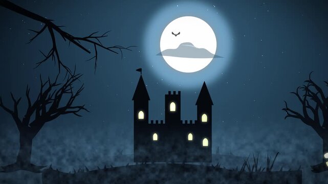 Spooky halloween animated scene with haunted castle bats flying around full moon and eerie mist