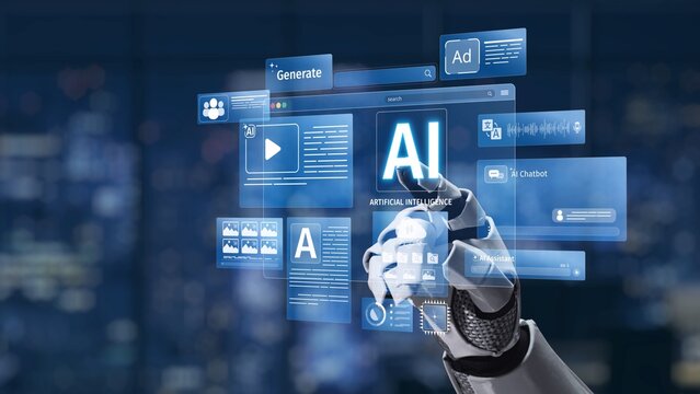 A futuristic robot hand interfaces with digital screens that display various concepts of artificial intelligence and technology in an urban setting. Synapse