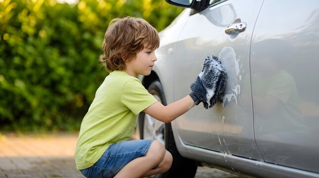 Cute young boy in a green shirt washing a silver car with a soapy wash mitt in the driveway on a sunny day, helping with household chores and vehicle maintenance outdoors.