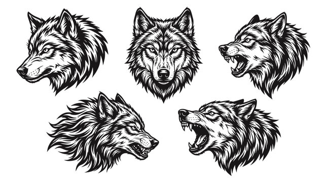 Set of five wolf head illustrations in black and white sketch style showing various expressions and different angles