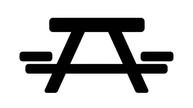 Simple black picnic table icon representing outdoor dining furniture for park recreation and camping area signage