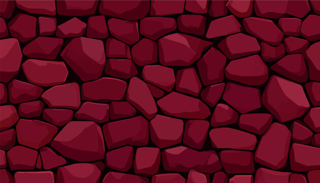 Seamless vector pattern of deep red stone masonry texture. Cartoon style rock wall background for game design, digital art backdrop, banner, architectural material, or website surface design element.