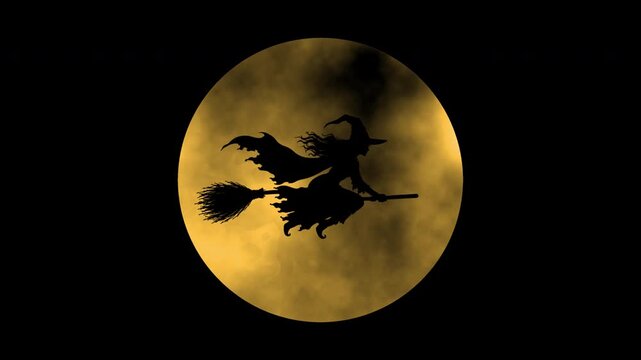 Animation of Witch flying with moon, Spooky Halloween | Alpha channel