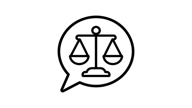Justice scale icon black linear graphic speech bubble legal profession.