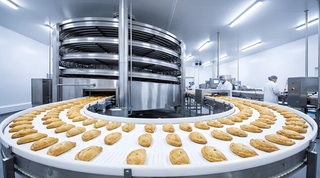 Golden baked pasties moving on an automated white conveyor belt in a large-scale industrial food production factory featuring a multi-tiered spiral cooling system and professional workers.