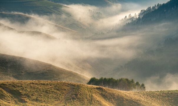 View of the misty rolling hills and forest patches in the rural landscape of Pestera, Brasov, Romania.