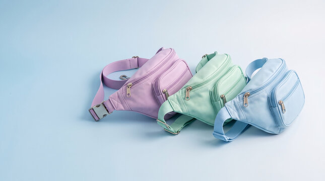Three pastel fanny packs arranged neatly on a light blue gradient background