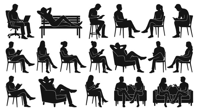 Set of black silhouettes of people sitting on chairs and sofas working reading relaxing and talking in daily life