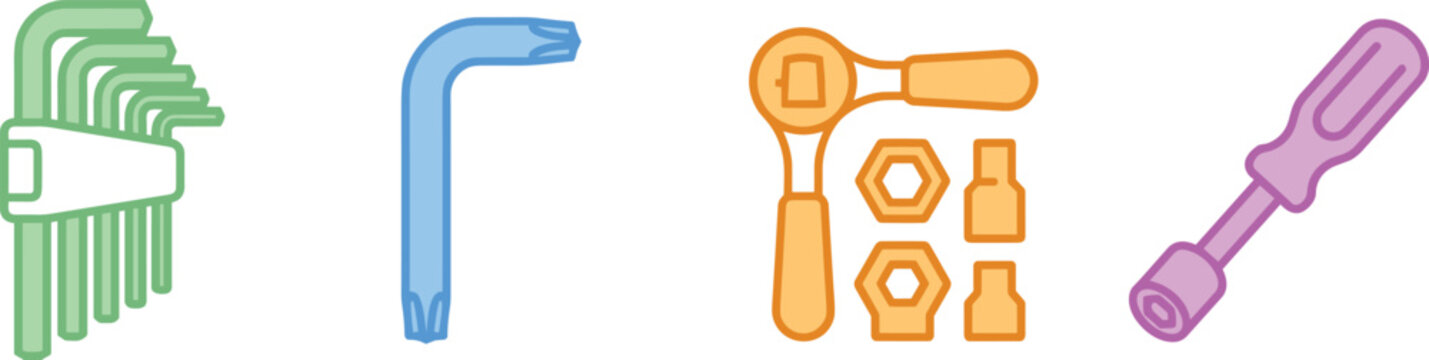Set of various hand tools including hex keys, torx wrench, ratchet with sockets, and nut driver