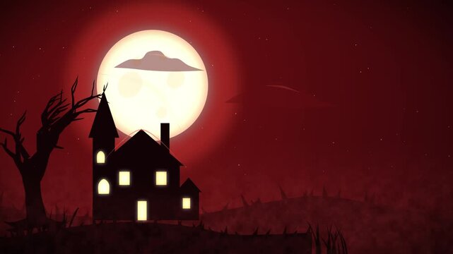 Eerie animated halloween scene with haunted house silhouette under a blood moon and drifting clouds