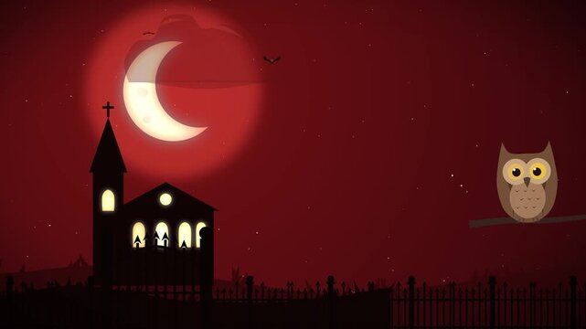 Animated spooky halloween night scene with bats flying past haunted church under glowing blood moon watching owl