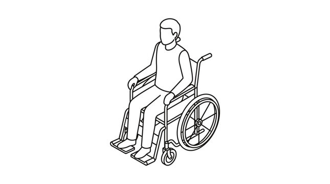 Isometric line art illustration of a person sitting in a wheelchair for medical and healthcare design concepts