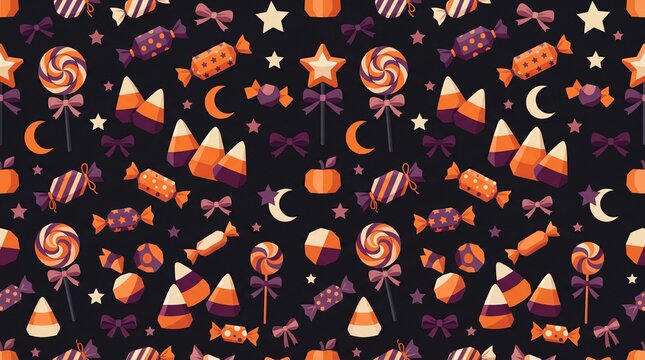 Seamless pattern featuring various halloween candies, lollipops, candy corn, and bows on a dark background, festive holiday textile prints, gift wrapping paper, and seasonal party supplies